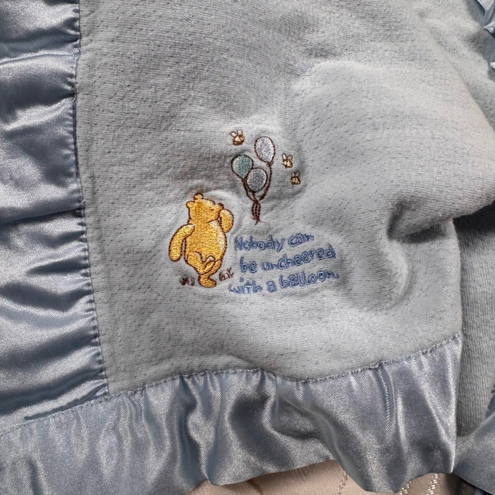 Vintage Disney Classic Winnie the Pooh Embroidered Blue Satin Trim Baby Blanket